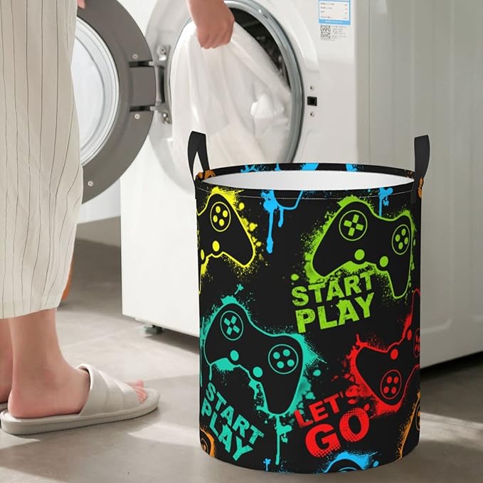 Colorful Silhouettes Game Joysticks Round Laundry Hamper Storage Basket Toys Clothes Organizer Bin For Home Bathroom Bedroom Dorm Nursery, 62L