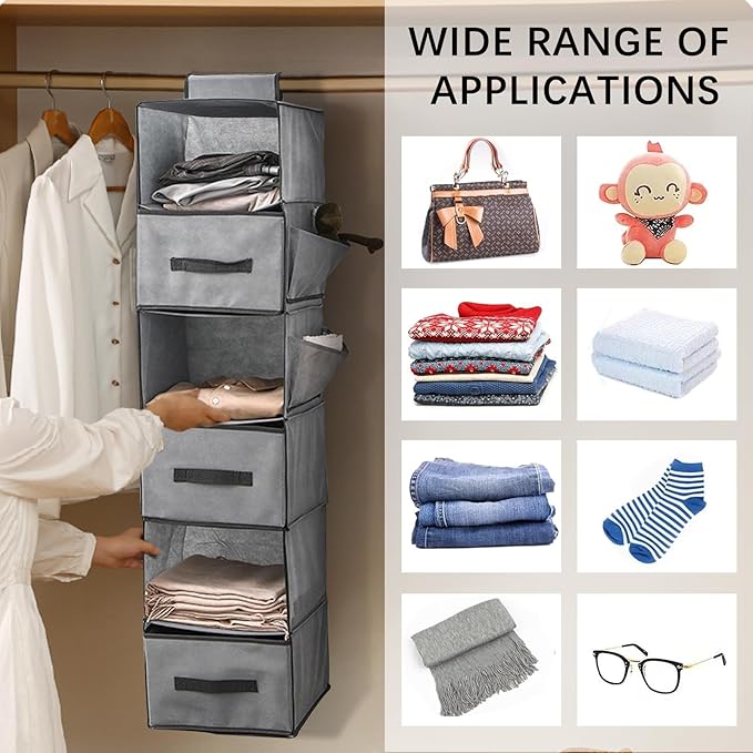 6-Shelf Hanging Closet Organizer, Hanging Storage Shelves with 3 Removable Drawers, Wardrobe Clothes Organizer, Cloth Hanging Shelves, Poucher Foldable for Closet Bedroom Home (1PCS 6-Shelf)