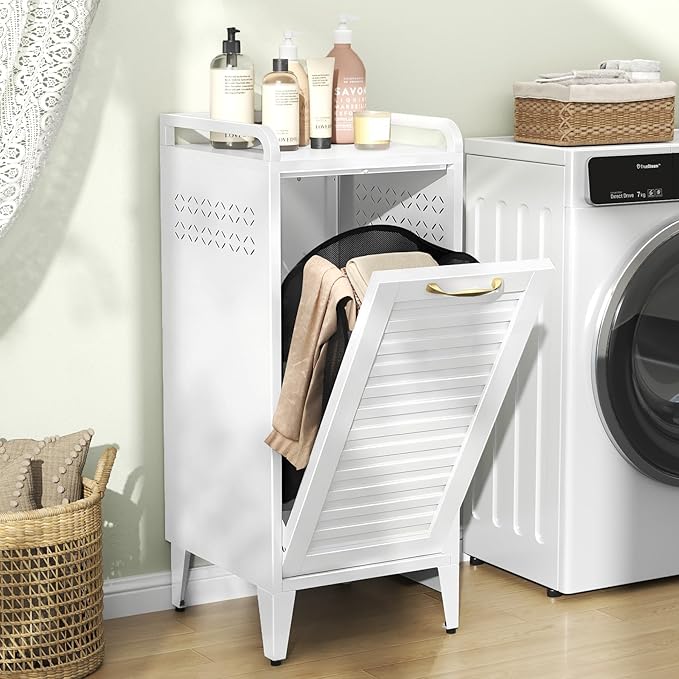 Metal Tilt Out Laundry Hamper，Removable Basket, White bathroom cabinet，13"L × 16"W × 36"H，Cold rolled steel material for Bedroom, laundry room, bathroom-Space saving design