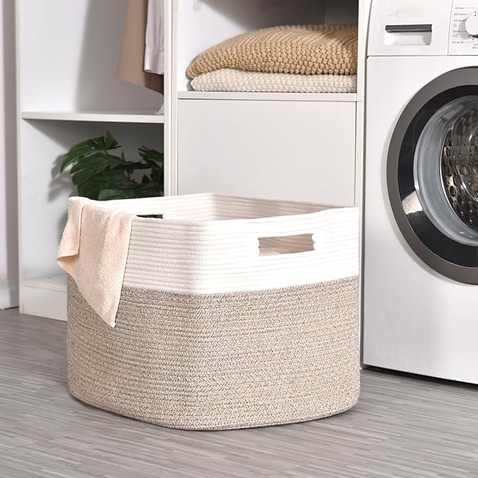 Extra Large Blanket Basket for Living Room, Rectangle Woven Cotton Rope Storage for Blankets, Toys, Clothes, Shoes, 25”x16”x16”, Off White & Brown, 108L
