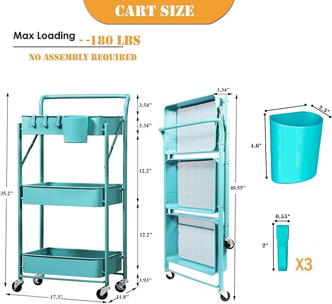 Foldable Utility Rolling Cart with Wheels No Assembly 3 Tier Metal Rolling Cart with Cup and Hooks Heavy Duty Mesh Storage Baskets Rack Folding Shelves for Kitchen,Office,Classroom, Bathroom(Teal)