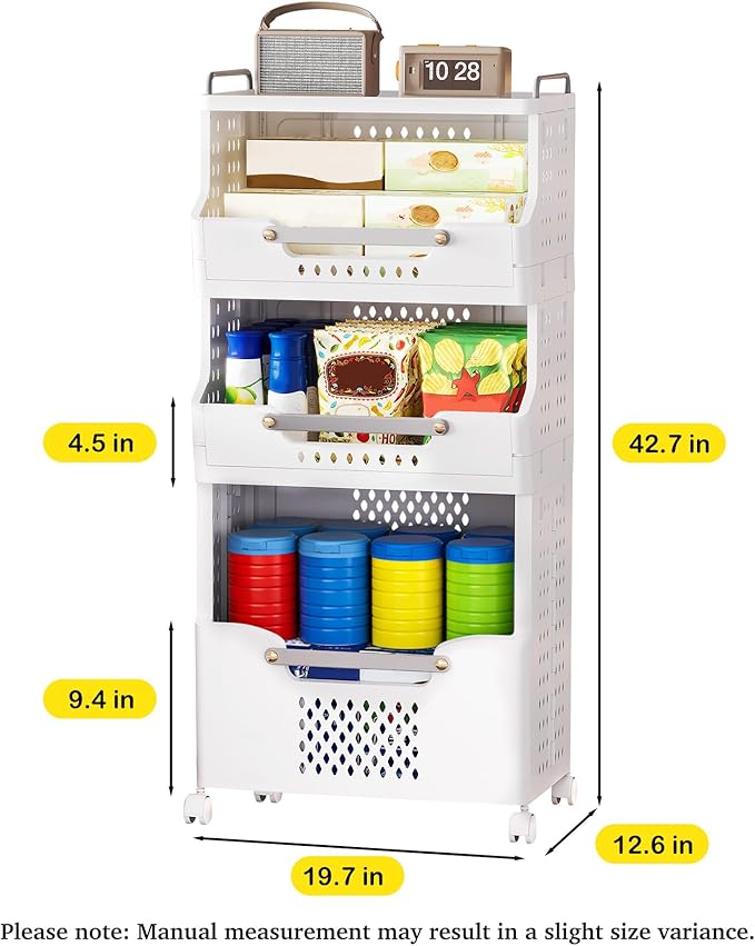Laundry Basket with Wheels,Folding Laundry Hamper,utility cart,Kitchen storage Cart,Stackable Laundry Basket Holder,Rolling Dirty Clothes Hamper,Plastic laundry room organization (3 Large-Tier)