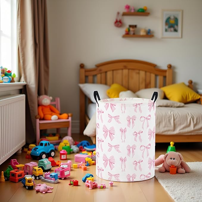 Baby Laundry Basket Baby Nursery Hamper Kids Laundry Basket Toy Storage Bin for Boys Room Decor Gift Baskets for Bedroom Bathroom(Pink Bowknot)