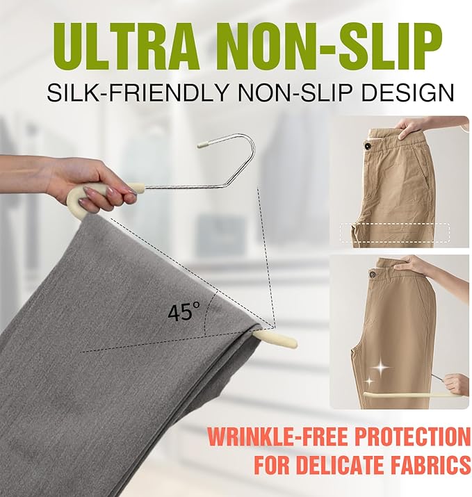 Spring Fever Open Ended Non Slip Sponge Padded Pants Hangers - Chrome Plating Foam Heavy Duty Space Saving Beige Long 20