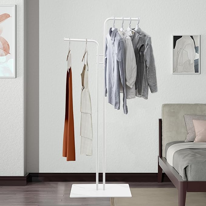 67in-White Clothing Rack with Base, Double Rod Freestanding Coat Rack Hanging Clothes, Bags, Hat and Shoes for Entryway Bedroom Garment Organizer, Clothing Stores Boutique Retail, Studio