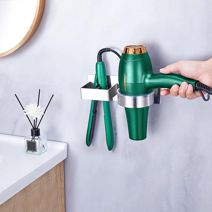 Hair Dryer Holder Wall Mount, Stainless Steel Straightener Holder, Adhesive Blow Dryer Holder and Curling Iron Holder Storage, Hair Tools Organizer for Bathroom Barber Shop Hotel
