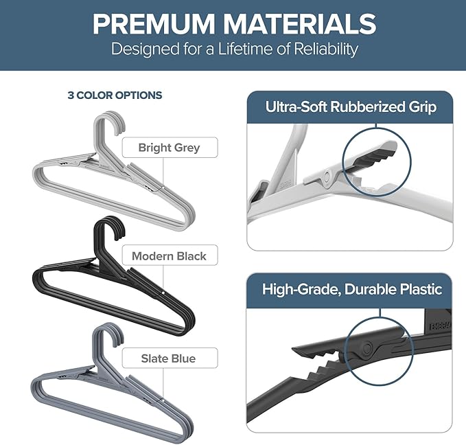 No Hassle-Hangers Best Clothes Hanger Ultra Soft Rubberized Grip Clip Keeps Garments in Place and Off The Floor. Perfect for Wide Neck Silks & Satin Tops, delicates, Athletic wear. (6, Bright Grey)