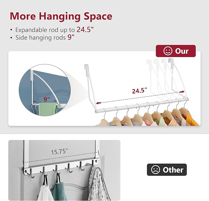 Tajsoon Over the Door Hanger Expandable & Adjustable, Over Door Clothes Hanger Rack for Towel & Coat, Bathroom Over Door Clothes Rack Hooks for Bedroom, Washroom, Fits Doors up to 1¾”, Metal, White