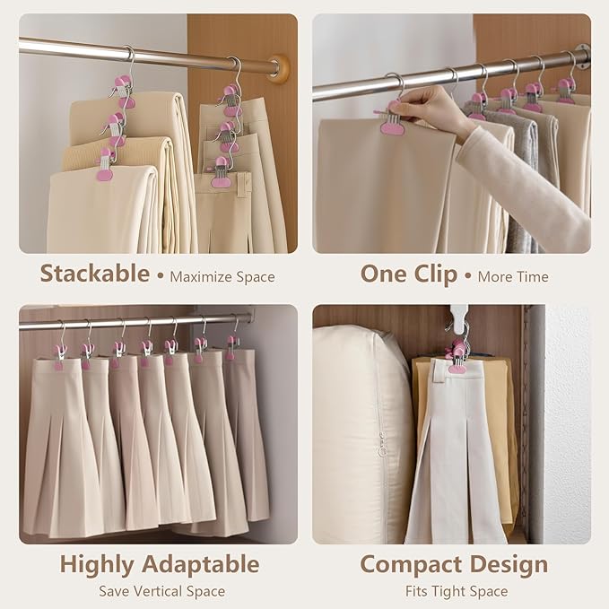 Wider Leggings Hangers for Closet 20 Pack, Metal Pants Hangers with Clips, Non-Slip Skirt Boot Jeans Hanger, Stackable Closet Organizer Space Saving Pink