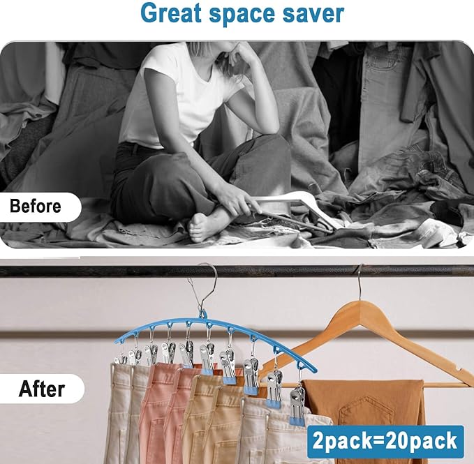 3Pack Legging Organizer for Closet,Upgrade Skirt Pants Hangers with Clips, Metal Yoga Pants Hangers 10 Clips,Space Saving Closet Organizers Rubber Coated Organizers Leggings Hanger(Blue)