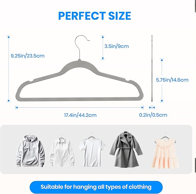 Simple Deluxe Velvet Hangers 50 Pack, Non-Slip Clothes Hangers with Shoulder Notches, 360° Swivel Hooks, Heavy Duty Coat Suit Hangers for Closet Space Saving, Grey