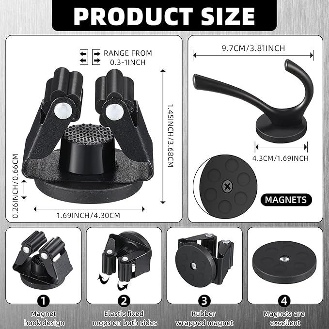 4 Pcs Magnetic Double Hooks Magnetic Coat Hooks Magnetic Mop Broom Holder Movable Magnetic Broom Holder Rack for Garage Kitchen Laundry Garden