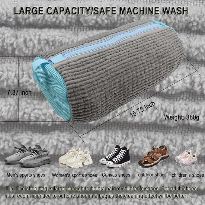 Shoe Washing Machine Bag,Mesh Shoe Washing Bag for Washing Machine - Large Size Fits various Shoes, Chenille Fabric Protection, Zipper Laundry Bag for Sneakers (1 Pcs) (Grey and Blue)