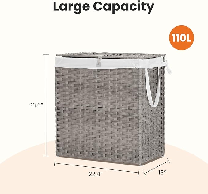 NEWBULIG Foldable Laundry Hamper with Lid, 29.1 Gallon (110L) Large Capacity Clothes Basket, Three Insert Storage Organizer Bin for Bedroom, Bathroom & Laundry Room, Grey