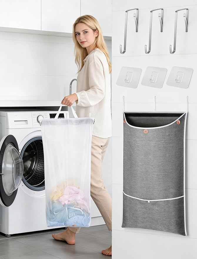 NiHome XXL Hanging Laundry Hamper Bag 39.4"x22.4" with Removable Delicates Bag, 2-in-1 Door Hamper with Dual Hooks, Wide Opening Laundry Bag for Dorm Bedroom Bathroom(Use Together or Separately)