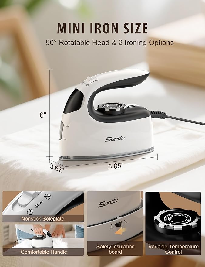 Sundu Mini Travel Iron with Steam,1000W Portable Non-Stick Soleplate Steam Small Iron for Quilting & Sewing,300 Microsteam Holes,90ml Water Tank,Lockable Safety Base,Digital Temperature Control