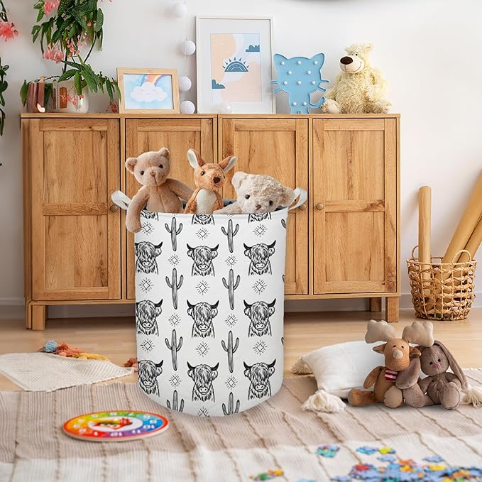 Western Laundry Basket, Retro Highland Cow Cactus Collapsible Laundry Hamper - Waterproof, Dirty Clothes Storage Bin - Perfect for Bathroom, Bedroom, Home Decor