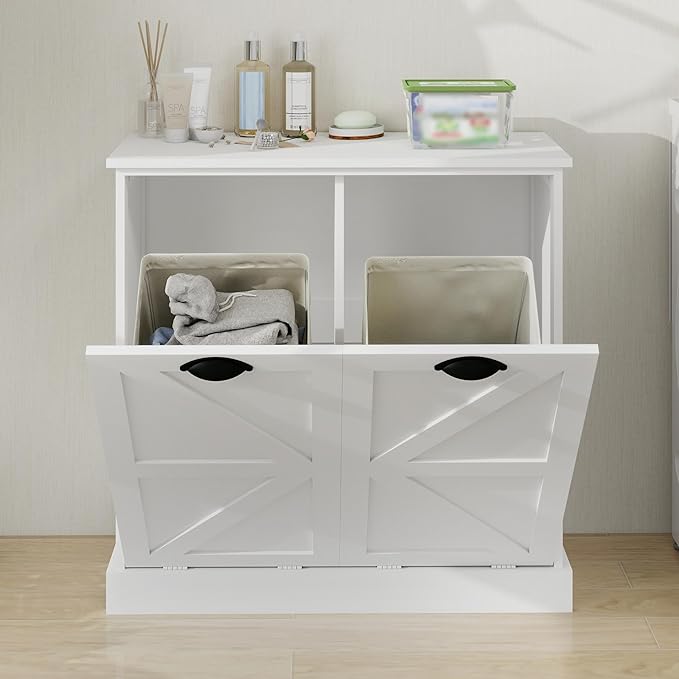 Laundry Hamper Cabinet with Removable Basket, Double Tilt Out Laundry Hamper, Wood Bathroom Storage, Free Standing Home Organizer, White