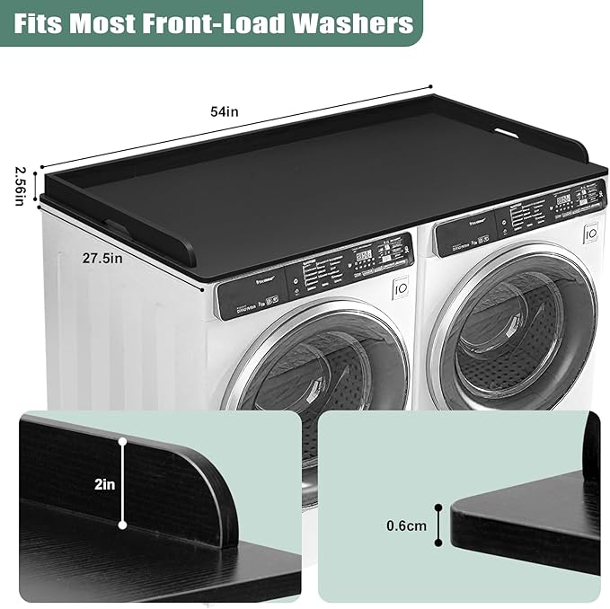 Washer Dryer Countertop 54 x 27.5 MDF Laundry Countertop Topper with Raised Edge, No Install Waterproof Non Slip Washer Dryer Top, Fits Front Load Machines, 200 lb Capacity, Black
