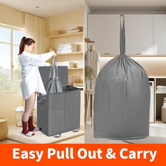 Double Laundry Hamper with Lid and Removable Bags, Laundry Basket 2 Section, Double Hampers for Laundry, Large Divided Hamper, Dual Laundry Hamper 2 Section with Handles Dorm 140L Grey