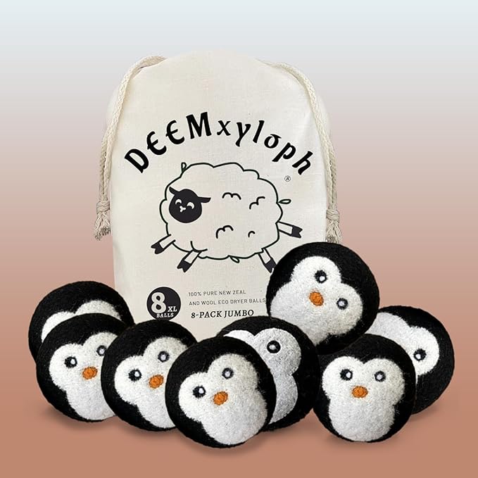 Penguin-Shaped Wool Dryer Balls Set of 8,Reusable Fabric Conditioner Substitute, Black-White-Grey Palette, Year-Round Energy Saver Anti-Static for Winter Coats, Thick Blankets, Bath Towels