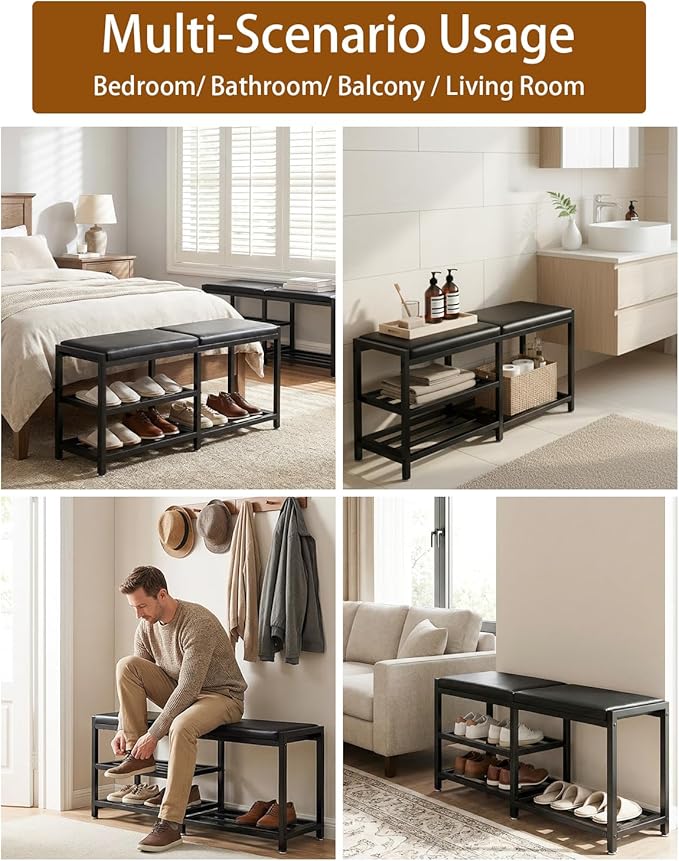 Shoe Rack Storage Bench for Entryway - Iron Shoe Rack with Bench for Entryway, Front Door Entrances or Bathroom, Space-Saving and Robust, Holds Up to 560 lb