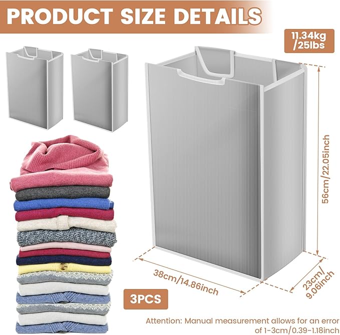 3 Pack Large Laundry Sorter Replacement Bags,Hamper Cart Removable Replacement, Storage Organizer Bag Hamper Liner, Wear Resistance for Standard 3 Compartment Laundry Hampers (Gray)
