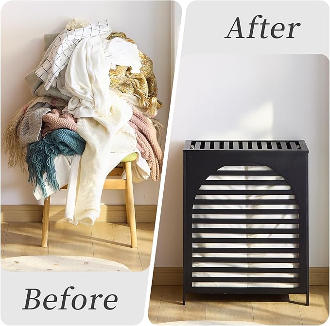 Laundry Hamper with Lid, Bamboo Clothes Laundry Basket with Handles, Removable 2-Section Liner bag, Hampers for Bedroom Aesthetic, Large Storage for Bath Towel, Sheets or Toys, Home (Black)