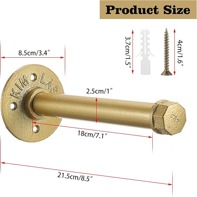 Sumnacon 2 Pcs 8 Inch Industrial Pipe Clothes Bar - Heavy Duty Rustic Metal Coat Hanger with Screws,Wall-Mounted Garment Holder Rack for Bedroom Bathroom Wardrobe Boutique Clothing Store, Gold
