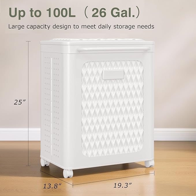 VECELO Rolling Storage Bins with Lid, Plastic Organizers Cart with Wheels & Handle, Foldable Storage Containers for Laundry, Bathroom, Bedroom, 19.3" x 13.8" x 25.0", White