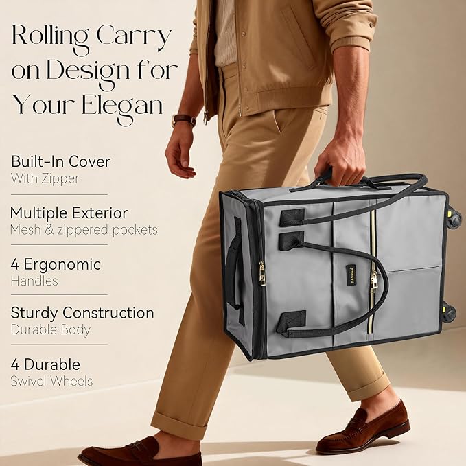 Reusable Grocery Bag on Wheels, Foldable Rolling Duffle Bag, Carry on Luggage Bag with Handle and Zipper Cover for Travel, Lightweight Rolling Tote Shopping Carts (Matte-Grey, Small_41L)