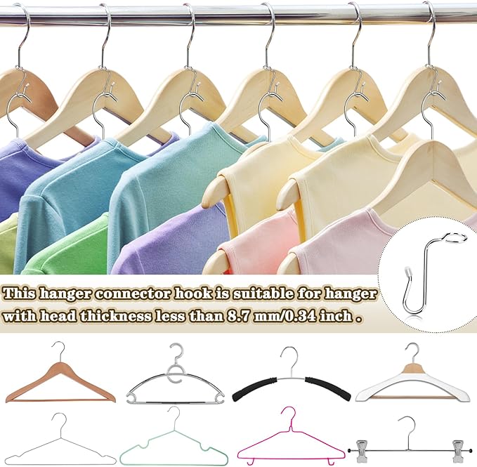 50 Pieces Hanger Connector Hooks Metal Hanger Extender Hooks Stable Clothes Connector for Different Clothes Hangers, 8.7 mm/0.34 Inch Hole Diameter, Silver