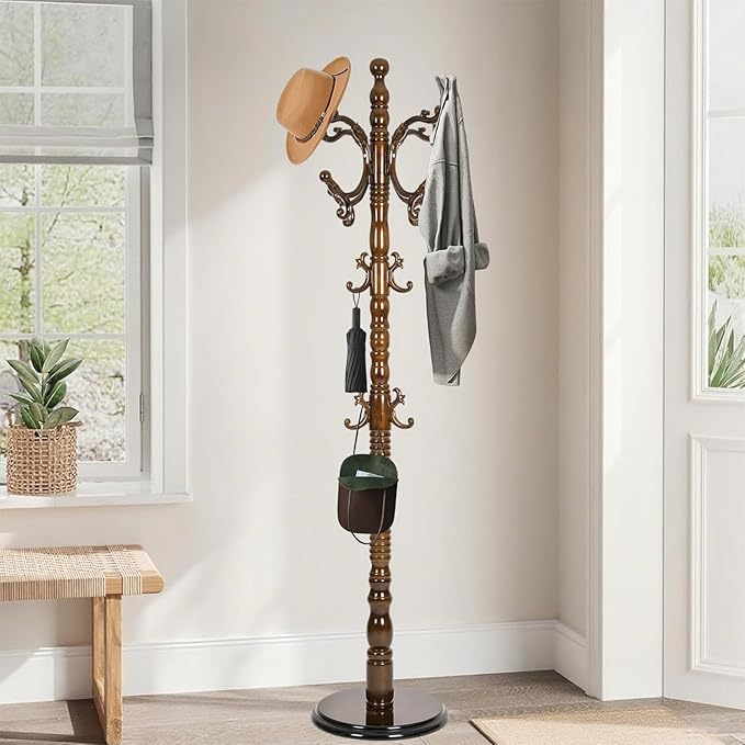 Wooden Coat Rack Freestanding with Resin Hooks, Adjustable Heavy Duty Stand for Hanging Coats, Bags, Hats, and Umbrellas in Living Room, Bedroom, Entryway (Walnut Color)