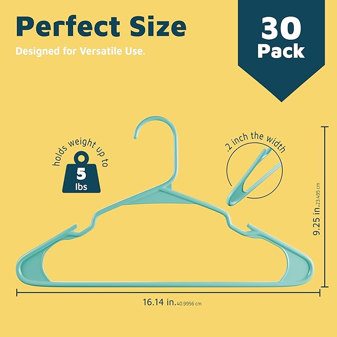 Lifemaster Plastic Clothes Hangers – Heavy Duty Hanger Set, for Organizing Clothes, Dresses, and Coat, Holds Up to 5 lbs, Space-Saving Hangers with Non-Slip Shoulder Grooves, Pack of 30, Aqua
