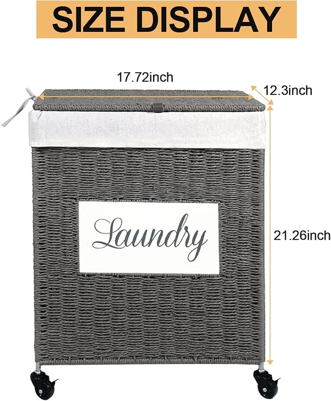 Mxfurhawa Laundry Basket, Heavy Duty Cotton Liner Laundry Storage Hamper with Handles, Collapsible Clothes Wire Basket Organizer Laundry Bag (2PCS-89GY-H)