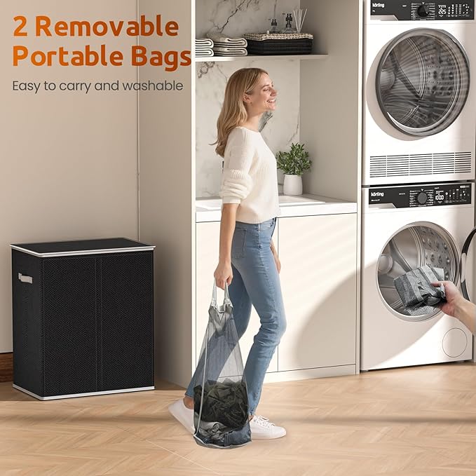 Laundry Hamper with Lid 160L Laundry Basket - Double Clothes Hamper with 2 Removable Bags, 2 Section Large Laundry Basket Organizer for Laundry Room, Bedroom, Hampers for Laundry