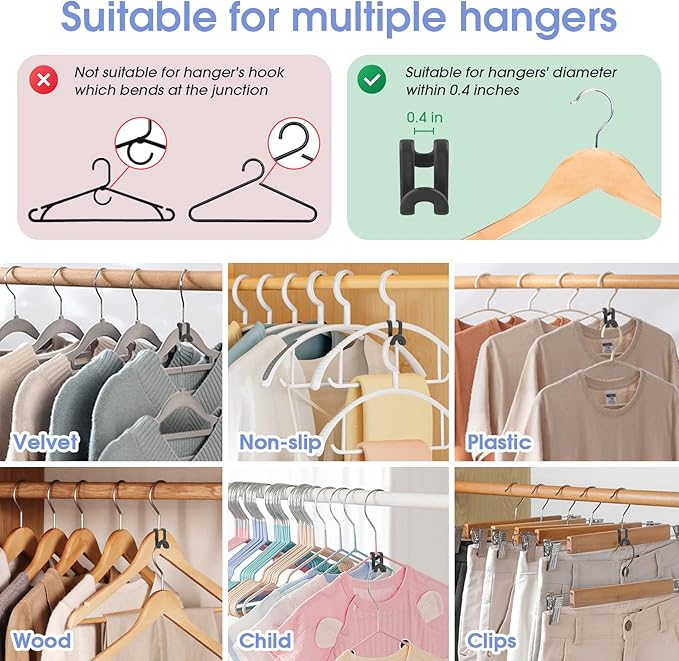 100Pcs Space Saving Hanger Hooks, Plastic Clothes Hanger Connector Hooks, Heavy Duty Space Saver Hanger Extender Clips for Closet Organizers, Black
