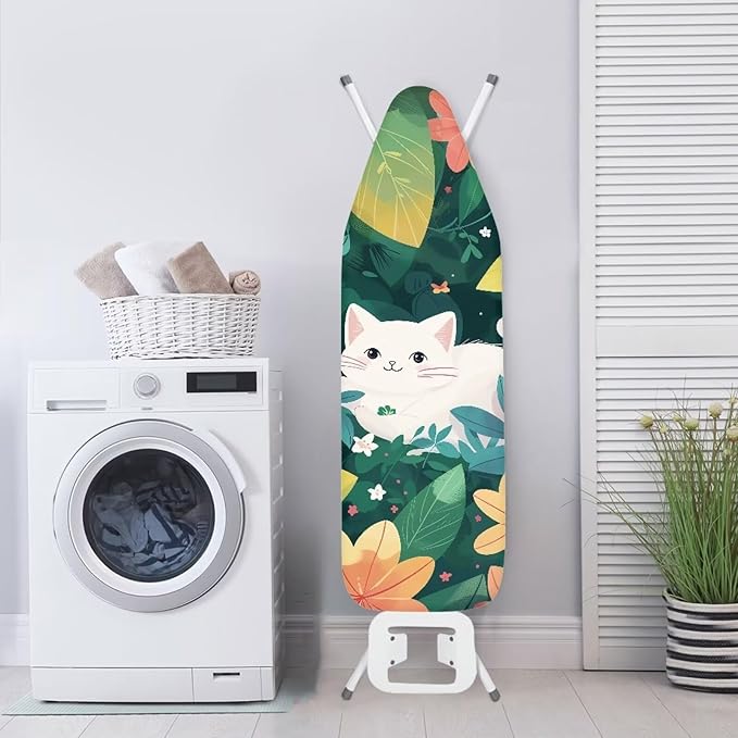 GLENLCWE Hawaiian Cat Green Palm Ironing Board Cover All Standard Thick Ironing Boards Replacement with Elastic Band,15x54 Inch White Cat Print Ironing Board Cover Cloth for Women