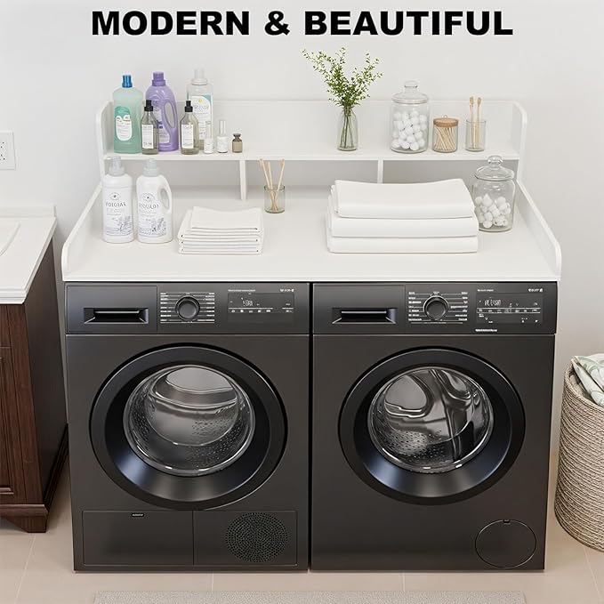 Washer Dryer Countertop with Shelf, 2-Tier Laundry Countertop Over Washer and Dryer, 54" x 27.55" Wooden Table for Folding Clothes for Laundry Room Organization and Storage (Milky)