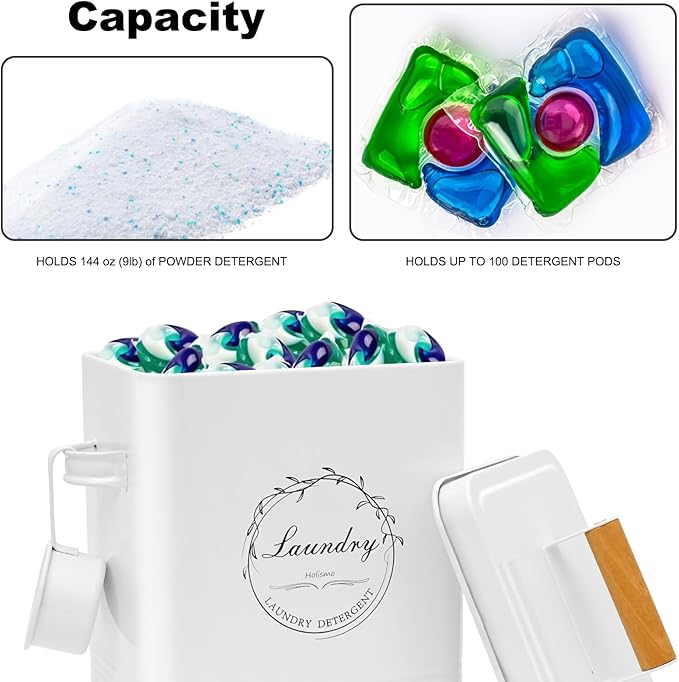 Laundry Detergent Container for Laundry Room Organization and Storage, Modern Farmhouse Metal Laundry Decor Scent Boosters Beads Dispenser With Lid and Hand Scoop, Pods Holder Bin ,White
