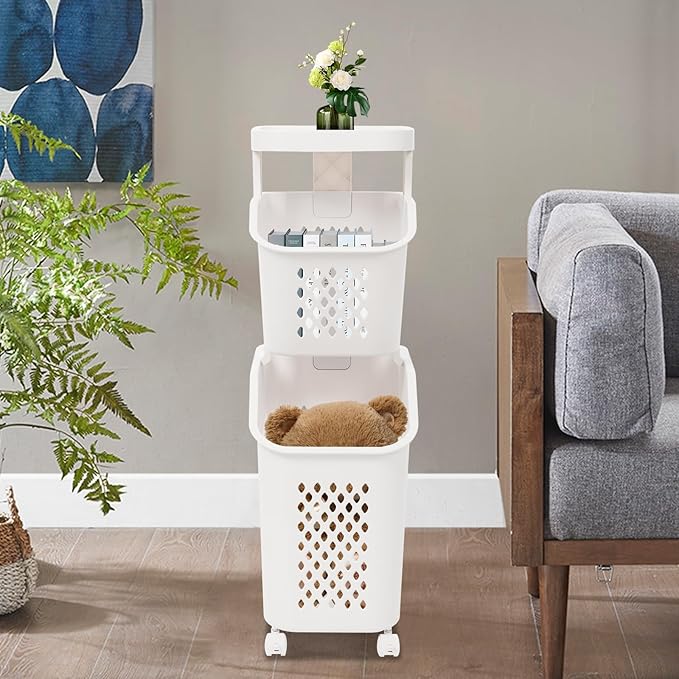 2 Tiers Rolling Laundry Hamper, White Plastic Laundry Basket Holder with Wheels, Vertical Laundry Hamper Sorter Cart, Rolling Clothes Hamper Organizer for Bathrooms Bedrooms