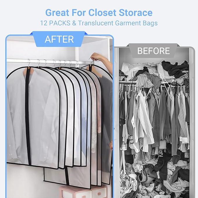 Garment Bag Covers (24''X55'' Set of 12) Lightweight White PEVA Breathable Bags with Study Full Zipper for Coat Protector Travel Laundry Wardrobe Closet