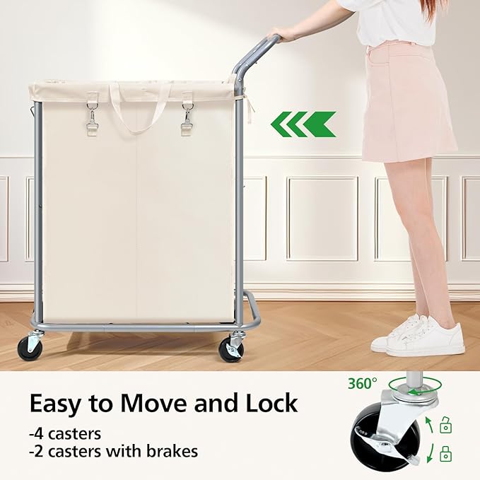 Laundry Hamper 2 Section, Rolling Laundry Basket with Wheels, Laundry Cart with Removable Liner, 37 Gallons (140L) Clothes Hamper, Blanket Dirty Clothes Basket Steel Frame with Handle(Beige)