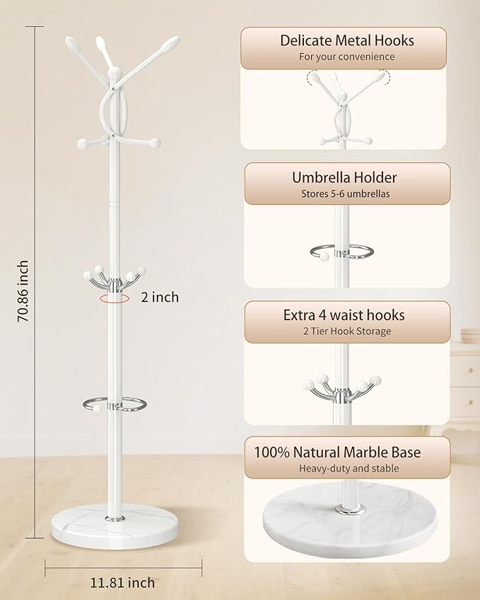 Metal Coat Rack with Natural Marble Base, Coat Rack Stand with 12 Hooks & Umbrella Holder, White Modern Freestanging Coat Racks, Coat Jacket Hanger Tree Stand for Corner Entryway Office