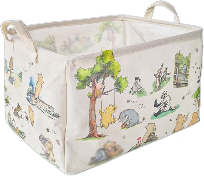 Winnie Laundry Storage Basket, Pooh Storage Basket, Foldable Canvas Laundry Hamper with Waterproof PE Coating Diaper Clothes Toys Storage, Storage Baskets for Nursery, Bear Baby Shower Gifts