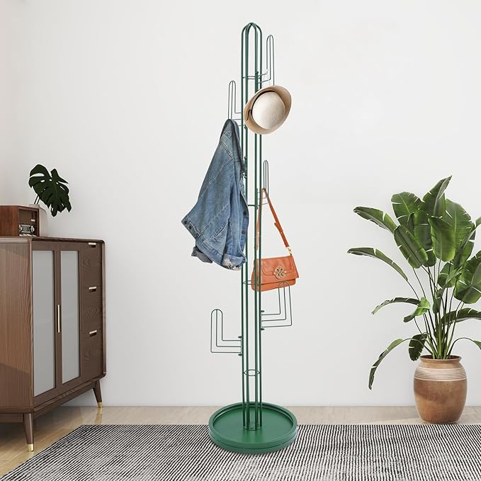 Cactus Coat Rack, Freestanding Coat Rack With 6 Hooks, Modern Metal Coat Racks with Round Base, Gold Cactus Shape Clothing Stand for Bedroom, Office (Green)