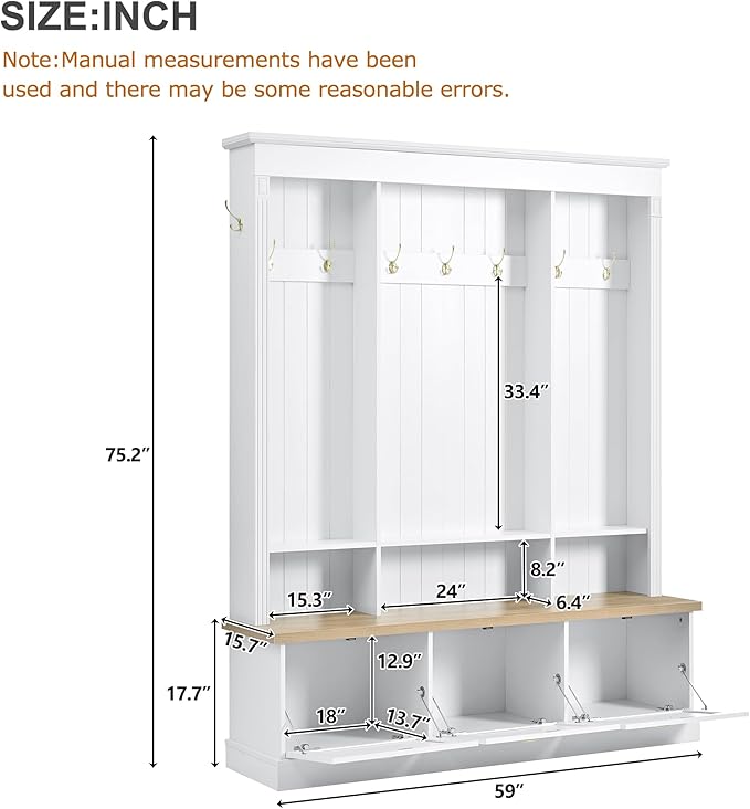 Farmhouse 75" H Hall Tree with 9 Golden Hooks, 3 Large Cabinets, Open Shelves, Roman Column Design Natural Storage Bench, Entryway Organizer with Shelves for Mudroom, Hallway (White,75)