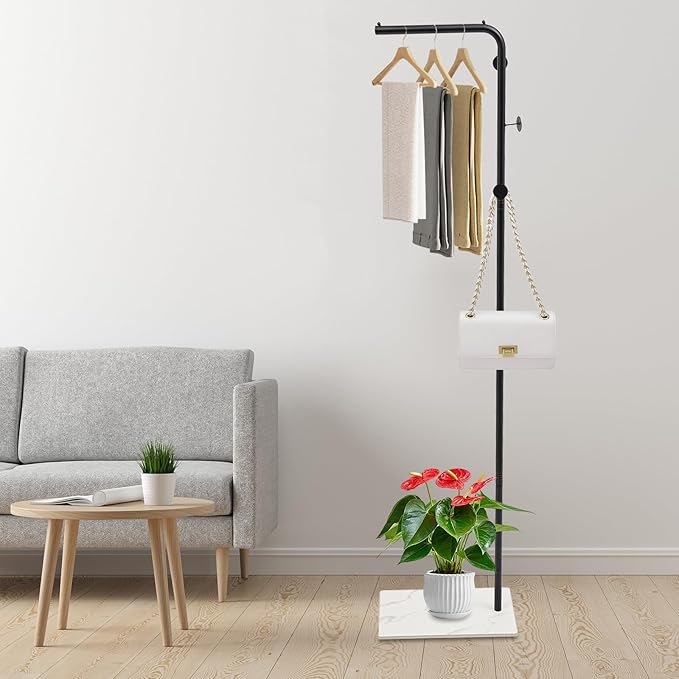 67in-Black Clothing Rack with Storage Base and Hooks, Freestanding Coat Rack Hanging Clothes, Bags, Hat and Shoes for Entryway Bedroom Garment Organizer Clothing Stores Boutique Retail