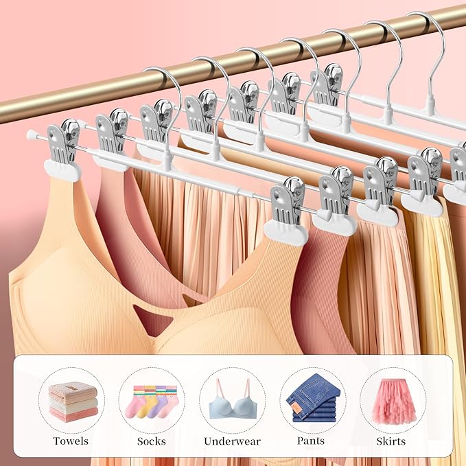 14Inch Clothes Pants Hangers with WideClips 10 Pack,Non-Slip Adjustable Skirt Hanger for Women,Space-Saving Heavy Duty Men Hangers for Pants,Trousers,Jeans,Shorts,White
