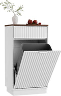 Tilt-Out Trash Cabinet, White Laundry Hamper Cabinet with Black Top, 34.3 x 19 x 13.8 inches, 10 Gallon Capacity, Wave-Textured Front, Storage Drawer.